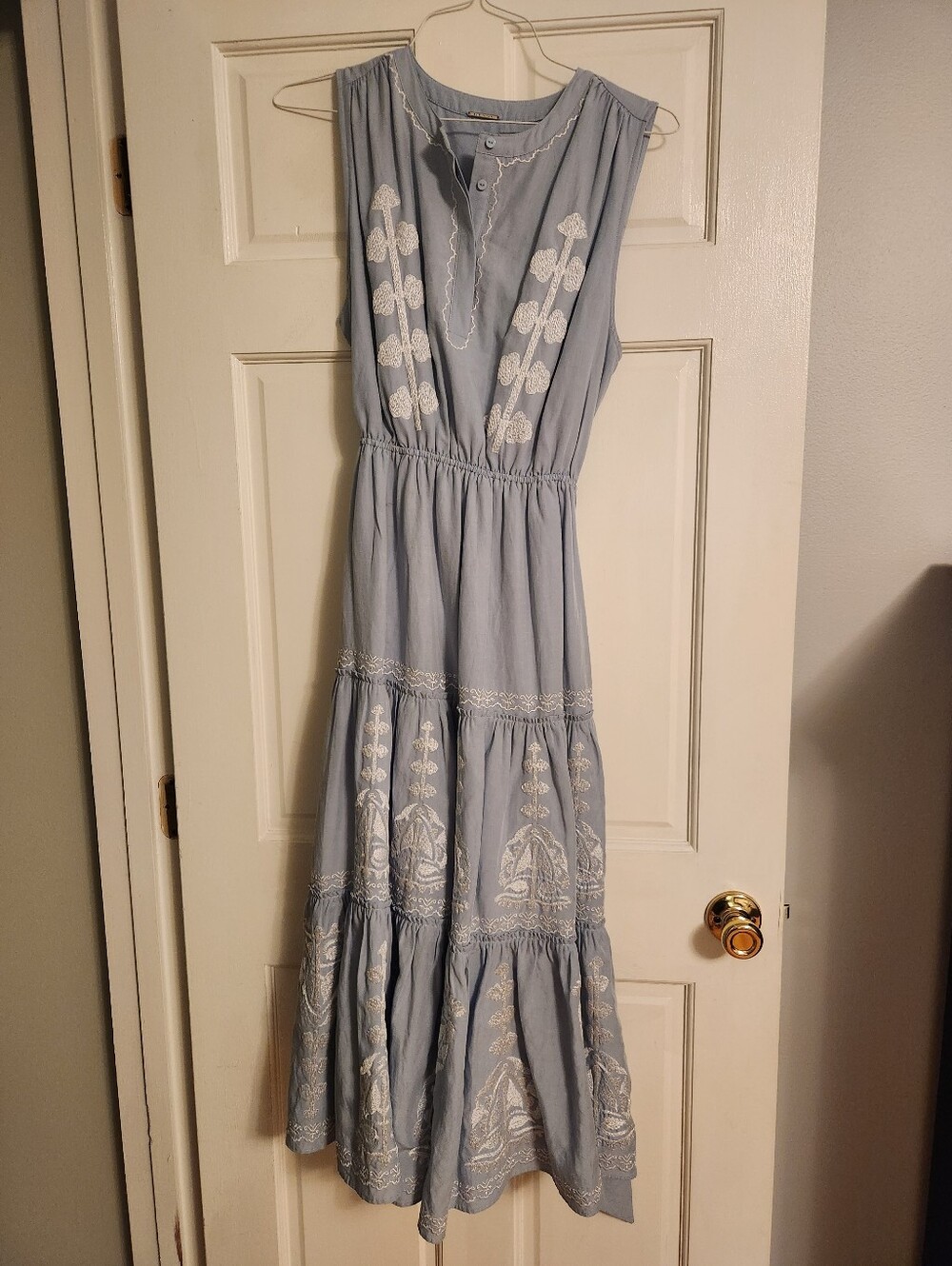 ELIE TAHARI Light Blue Embroidered Sleeveless Maxi Dress Waist Tie SZ L $395